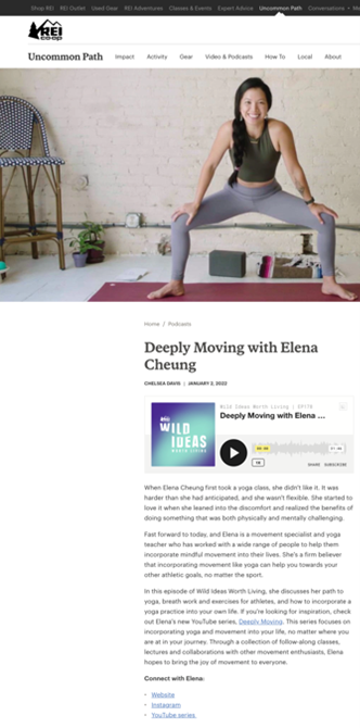  REI partners with influencer Elena Cheung to bring yoga and breathing guidance to Uncommon Path, its content platform for members.