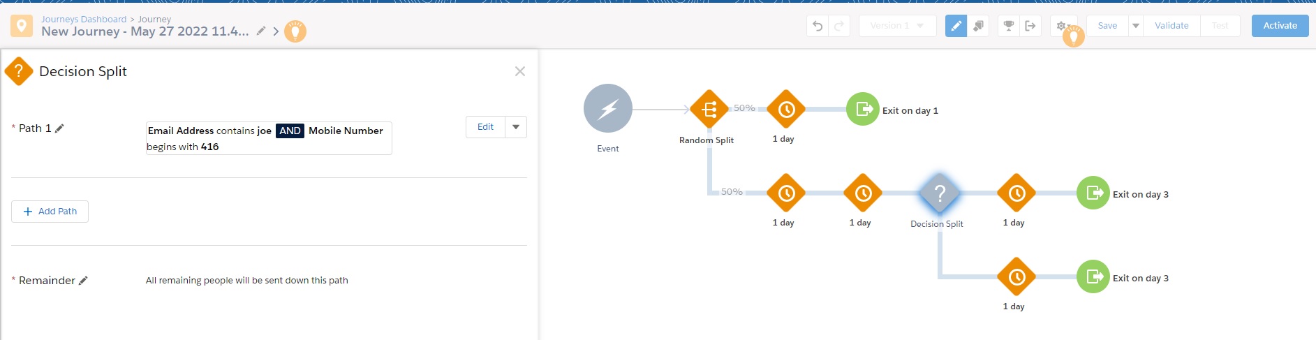 An example of simple segmentation within Salesforce Marketing Cloud Journey Builder