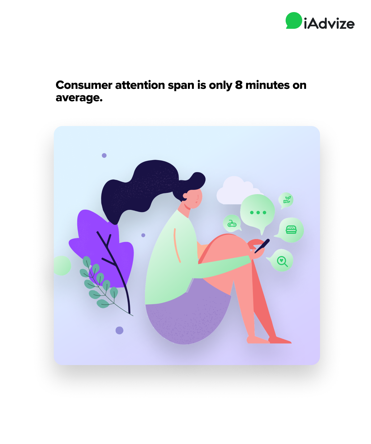 Graphic - header: "Consumer attention span is only 8 minutes on average" above graphic of woman with long hair on cell phone with emojis of activities (chat bubble, food, search, games)