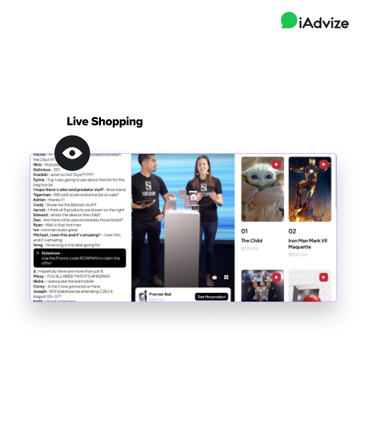 Screenshot of actual live shopping show for Sideshow; left side is running live chat, center is two hosts presenting product, right is list of products in tile style