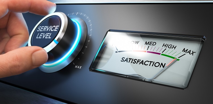 Hand turning a service level knob up to the maximum with a dial where it is written the word satisfaction. Concept image for illustration of Key Performance Indicator, KPI or customer loyalty.