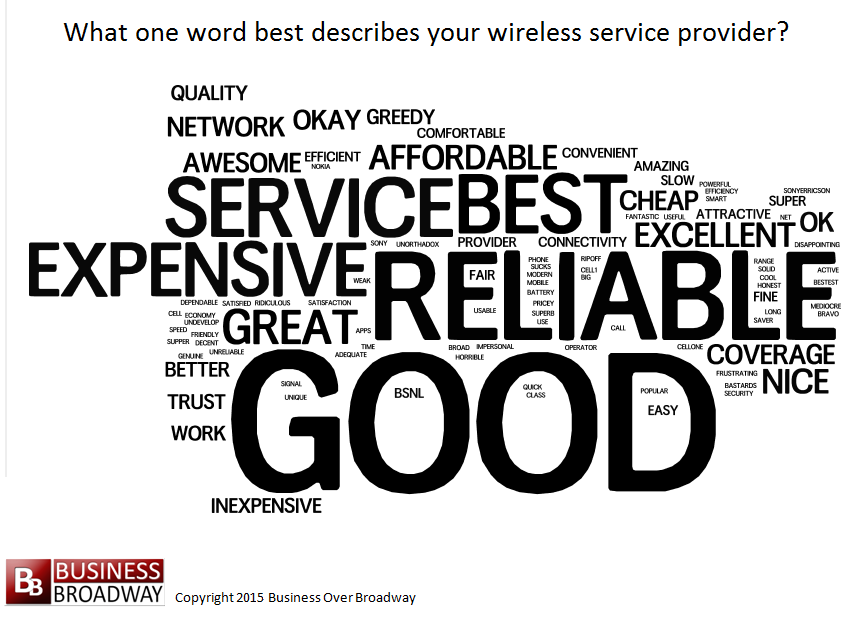 Figure 1. Words used to describe wireless service providers. Words in larger fonts indicate word was used more frequently across respondents compared to     words in smaller fonts.